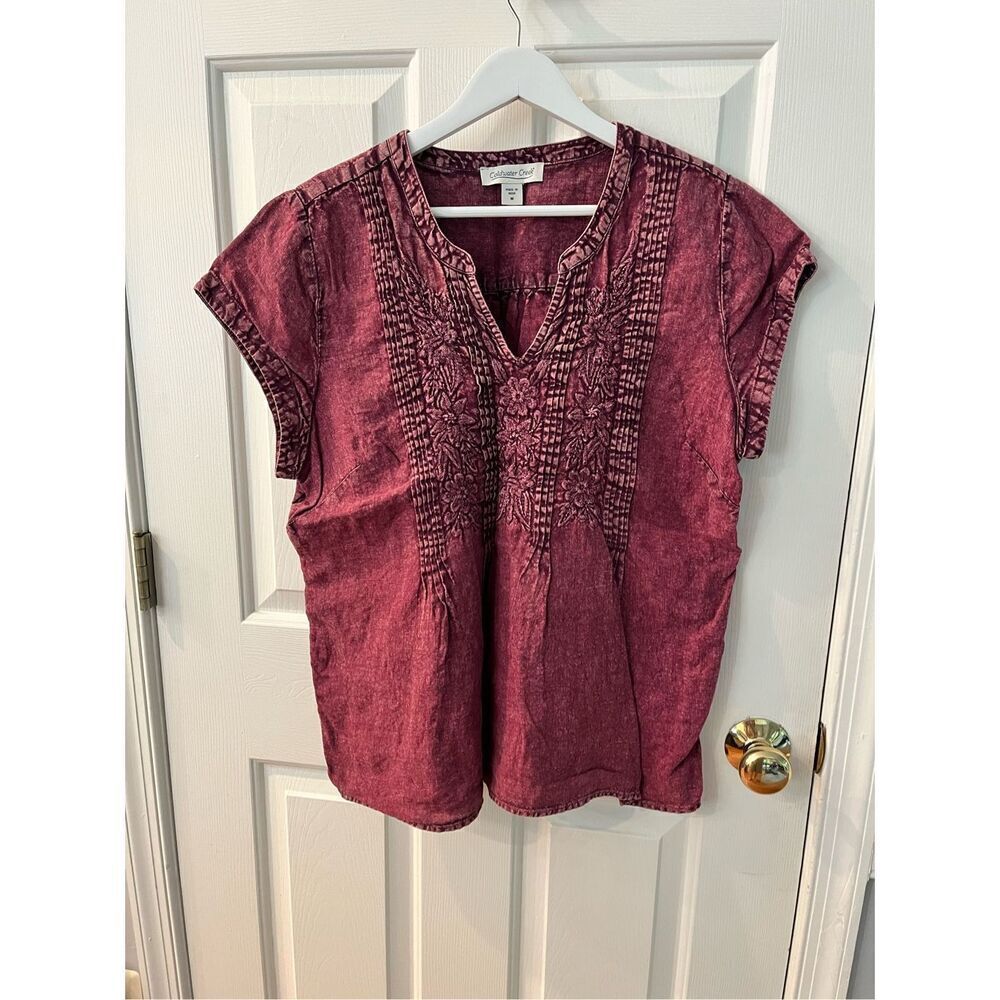Coldwater Creek Burgundy Weathered Embroidered Linen Short Sleeve Blouse sz M